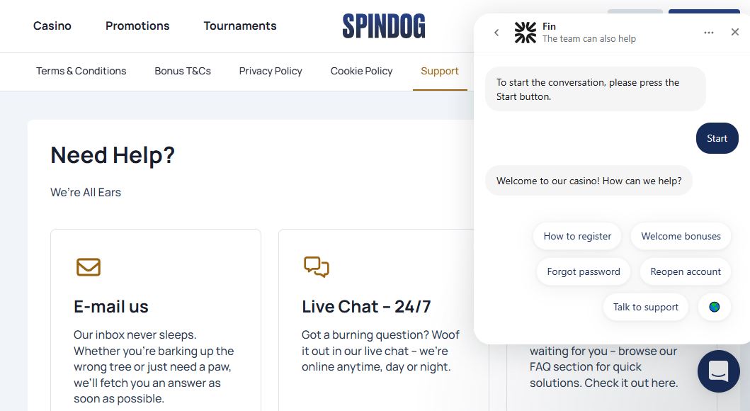 Contact SpinDog support via live chat or email anytime